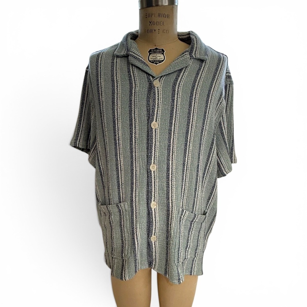 Marine Layer Camp Shirt Mens Larger L/XL Blue Striped Knit Button Front Pockets